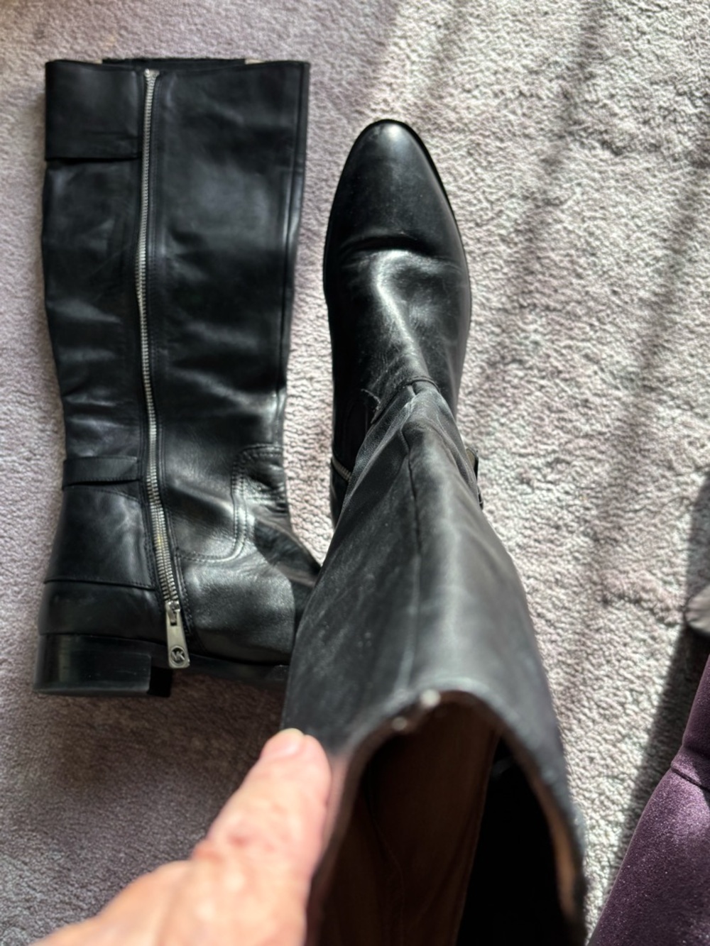 MICHAEL KORS Classic Black Leather Knee High Boots with Buckle Detail